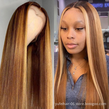 Highlight Ombre Colored Bone Straight Human Hair Wigs, Pre Plucked Lace Front Human Hair Wig, Remy Bone Straigh Lace Frontal Wig
